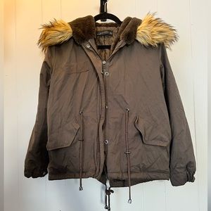 ZARA Brown Parka Jacket Coat w/ Faux Fur Hood Size Medium